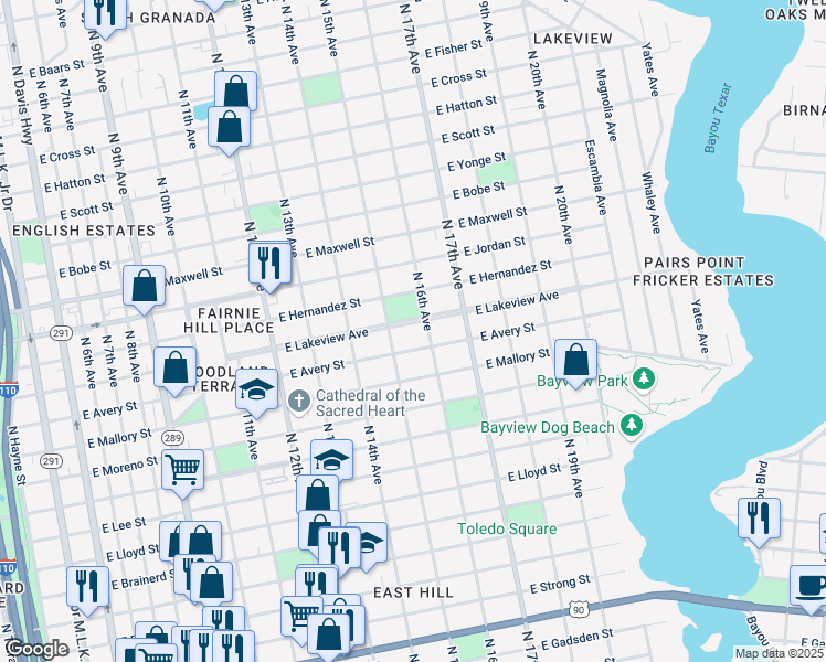 map of restaurants, bars, coffee shops, grocery stores, and more near 1515 East Lakeview Avenue in Pensacola