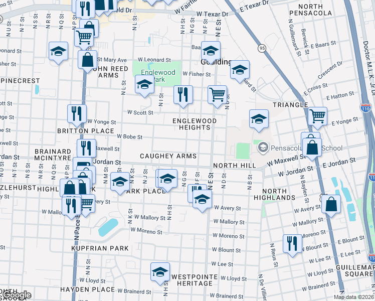 map of restaurants, bars, coffee shops, grocery stores, and more near 1014 West Maxwell Street in Pensacola