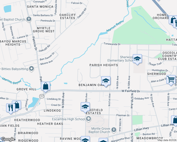 map of restaurants, bars, coffee shops, grocery stores, and more near 1825 Sandra Drive in Pensacola