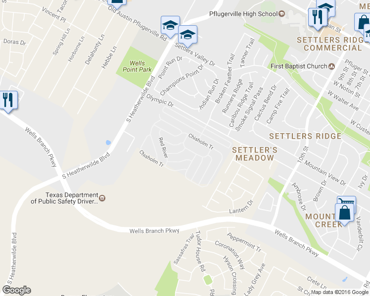 map of restaurants, bars, coffee shops, grocery stores, and more near 216 Round Up Lane in Pflugerville