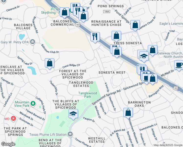 map of restaurants, bars, coffee shops, grocery stores, and more near 11608 Castle Rock Court in Austin