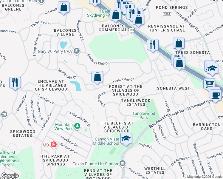 map of restaurants, bars, coffee shops, grocery stores, and more near 11536 Cedarcliffe Drive in Austin