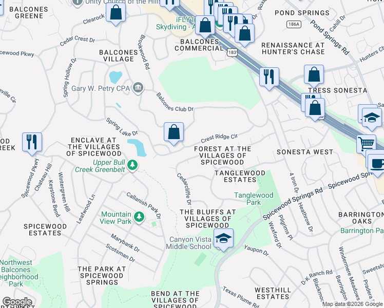 map of restaurants, bars, coffee shops, grocery stores, and more near 11536 Cedarcliffe Drive in Austin