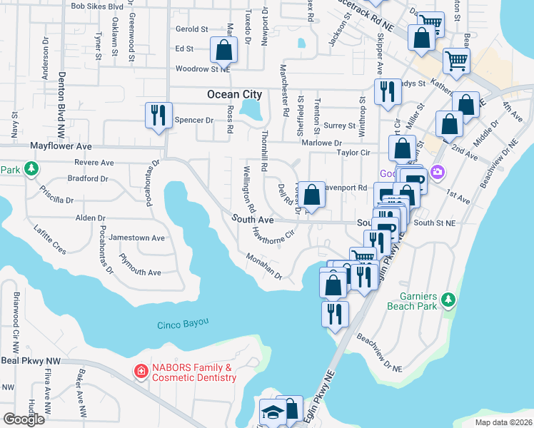 map of restaurants, bars, coffee shops, grocery stores, and more near 100 Thornhill Road in Fort Walton Beach