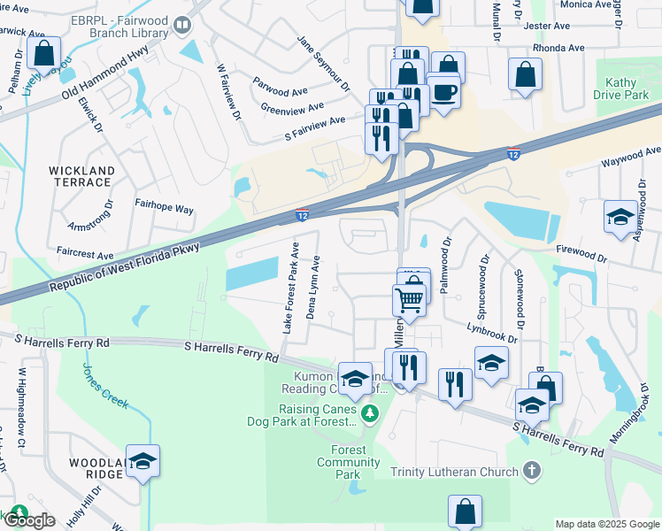 map of restaurants, bars, coffee shops, grocery stores, and more near 2722 Woodbrook Drive in Baton Rouge