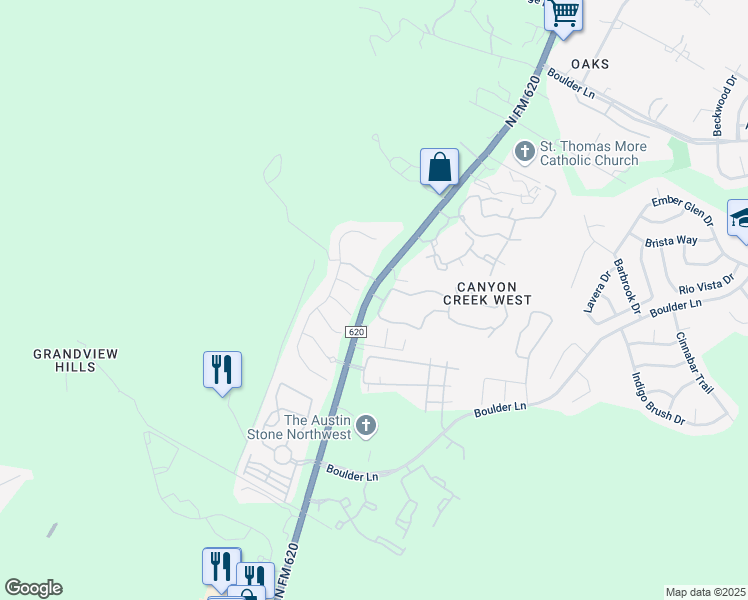 map of restaurants, bars, coffee shops, grocery stores, and more near 9501 North Ranch to Market 620 in Austin