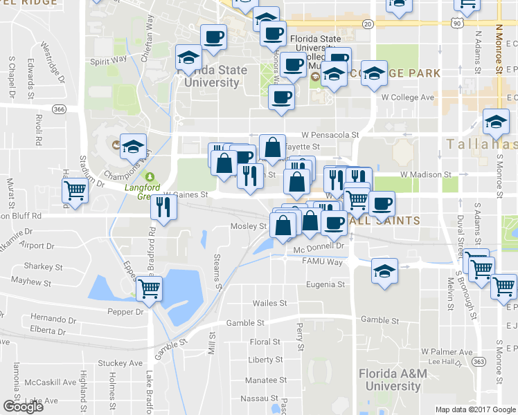 map of restaurants, bars, coffee shops, grocery stores, and more near 745 West Gaines Street in Tallahassee