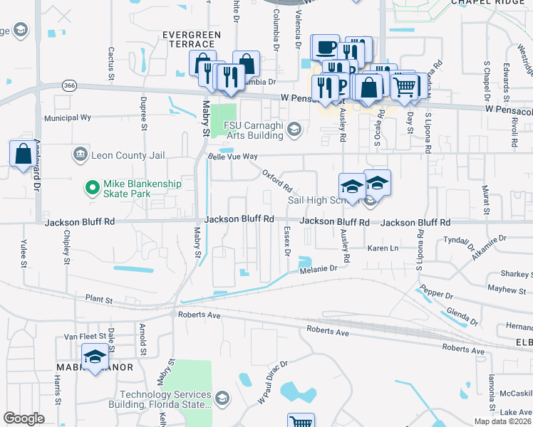 map of restaurants, bars, coffee shops, grocery stores, and more near 413 Sable Court in Tallahassee