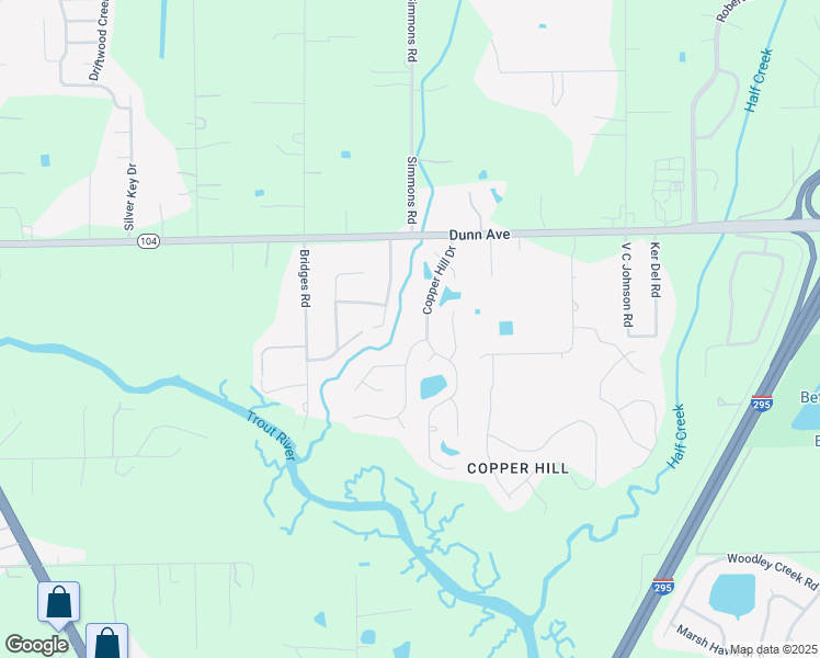 map of restaurants, bars, coffee shops, grocery stores, and more near 5821 Copper Creek Drive in Jacksonville