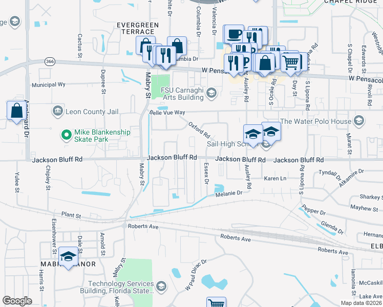 map of restaurants, bars, coffee shops, grocery stores, and more near 2300 Jackson Bluff Road in Tallahassee