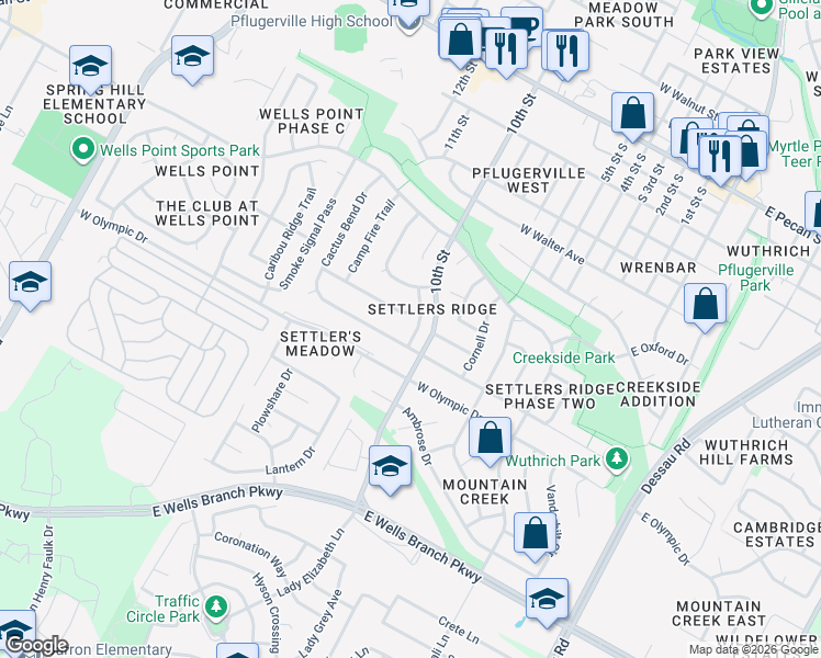map of restaurants, bars, coffee shops, grocery stores, and more near 803 Canyon Bend Road in Pflugerville