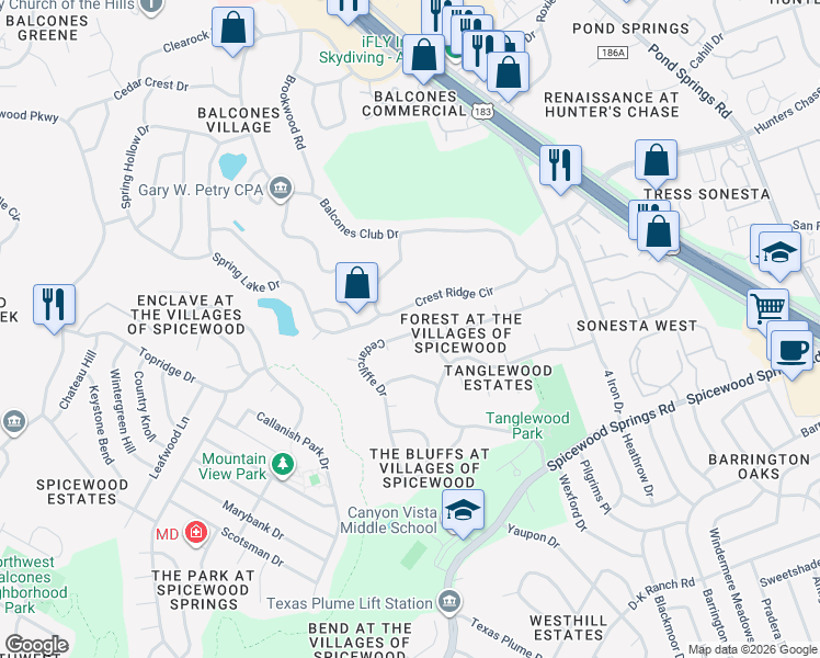 map of restaurants, bars, coffee shops, grocery stores, and more near 11536 Cedarcliffe Drive in Austin