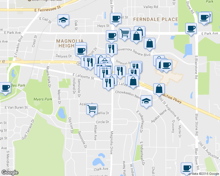 map of restaurants, bars, coffee shops, grocery stores, and more near 1010 South Magnolia Drive in Tallahassee