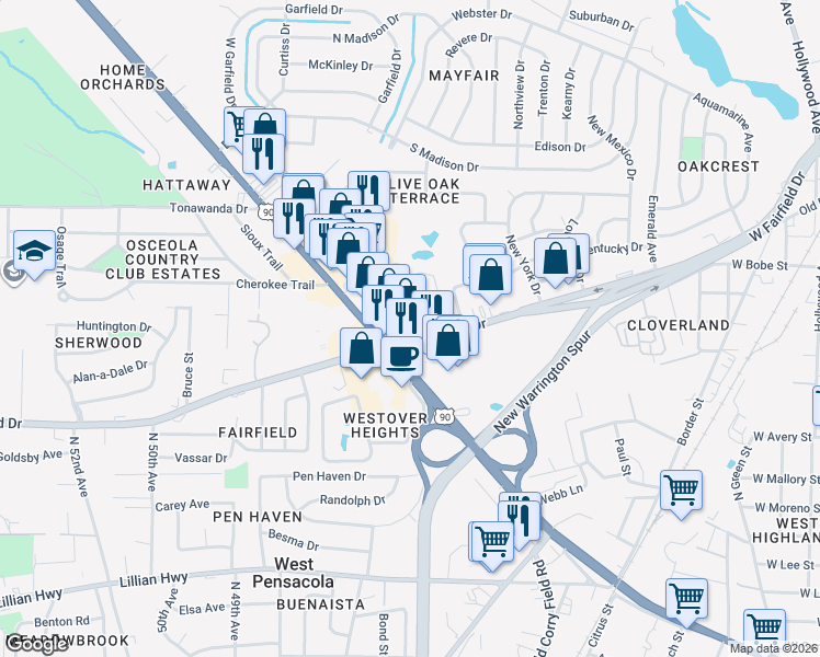 map of restaurants, bars, coffee shops, grocery stores, and more near in West Pensacola