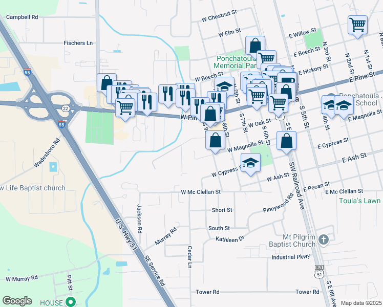 map of restaurants, bars, coffee shops, grocery stores, and more near 584 West Magnolia Street in Ponchatoula