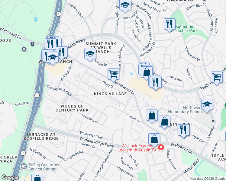 map of restaurants, bars, coffee shops, grocery stores, and more near 2315 Daisy Dr in Austin