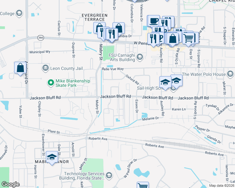 map of restaurants, bars, coffee shops, grocery stores, and more near 238 Midflow Street in Tallahassee