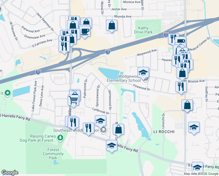 map of restaurants, bars, coffee shops, grocery stores, and more near 2115 Stonewood Drive in Baton Rouge