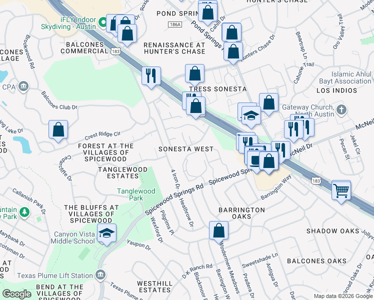 map of restaurants, bars, coffee shops, grocery stores, and more near 8335 Fathom Circle in Austin