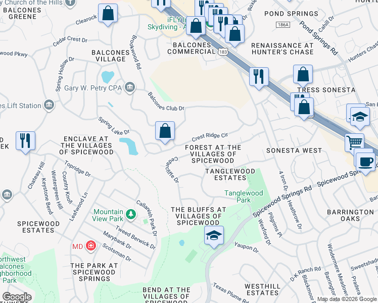 map of restaurants, bars, coffee shops, grocery stores, and more near 11536 Cedarcliffe Drive in Austin