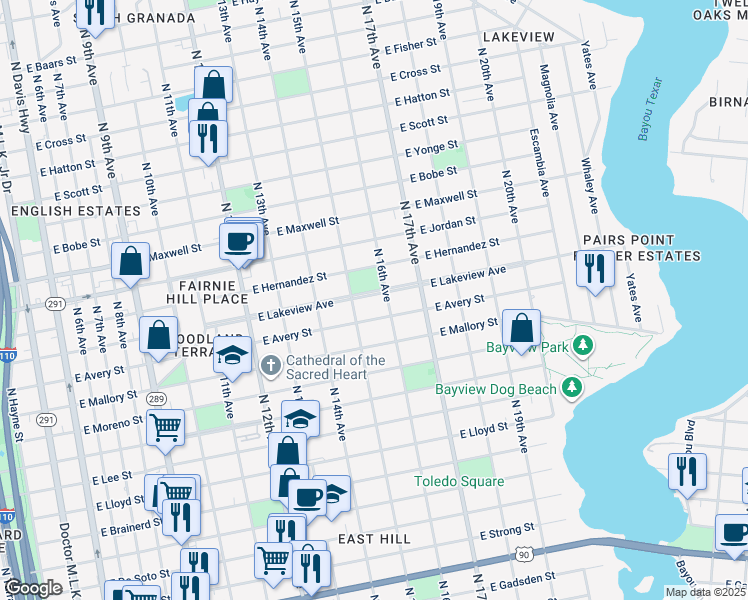 map of restaurants, bars, coffee shops, grocery stores, and more near 1515 East Lakeview Avenue in Pensacola