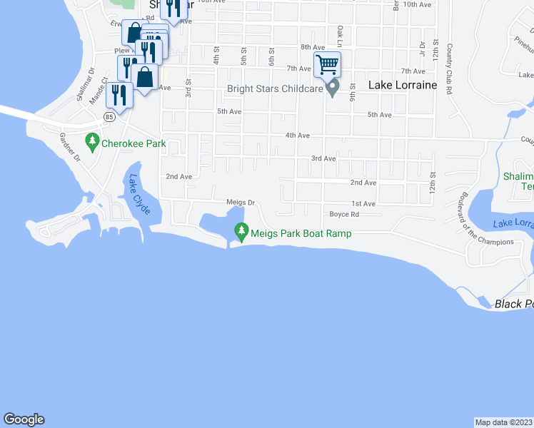 map of restaurants, bars, coffee shops, grocery stores, and more near 38 Meigs Drive in Shalimar