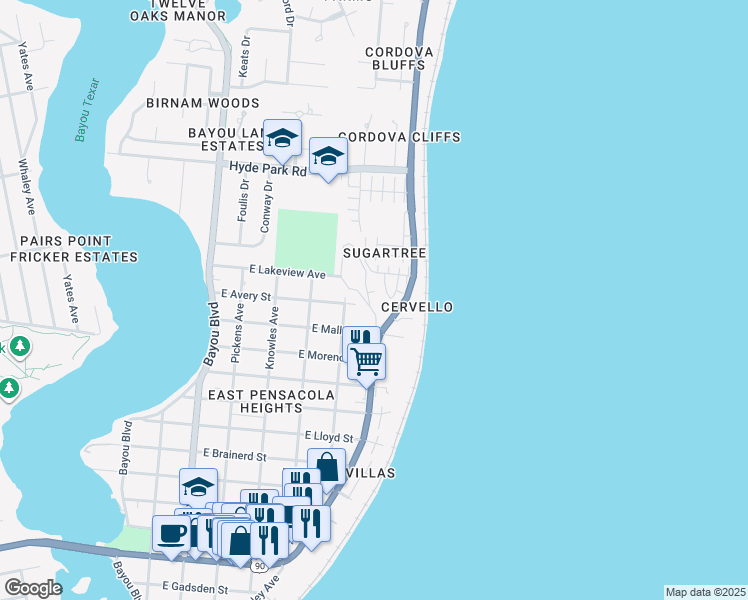 map of restaurants, bars, coffee shops, grocery stores, and more near 2101 Scenic Highway in Pensacola