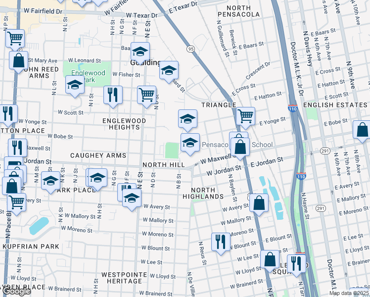 map of restaurants, bars, coffee shops, grocery stores, and more near 500 West Maxwell Street in Pensacola