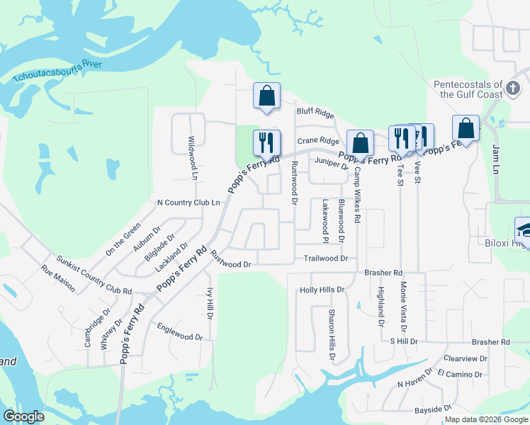 map of restaurants, bars, coffee shops, grocery stores, and more near 2159 Baywood Drive in Biloxi
