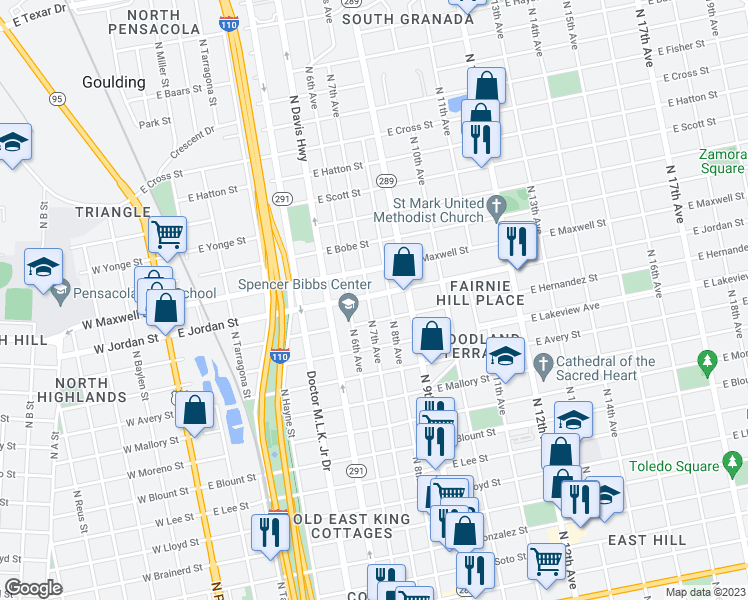 map of restaurants, bars, coffee shops, grocery stores, and more near 2026 North 7th Avenue in Pensacola