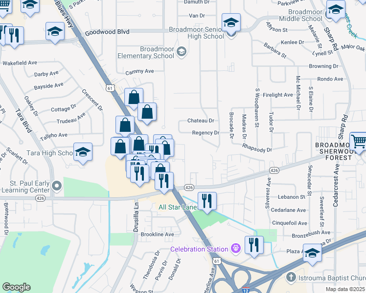 map of restaurants, bars, coffee shops, grocery stores, and more near 1820 Carolyn Sue Drive in Baton Rouge