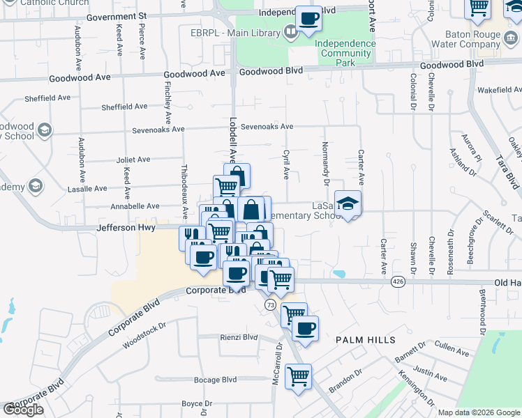 map of restaurants, bars, coffee shops, grocery stores, and more near 7640 Lasalle Avenue in Baton Rouge