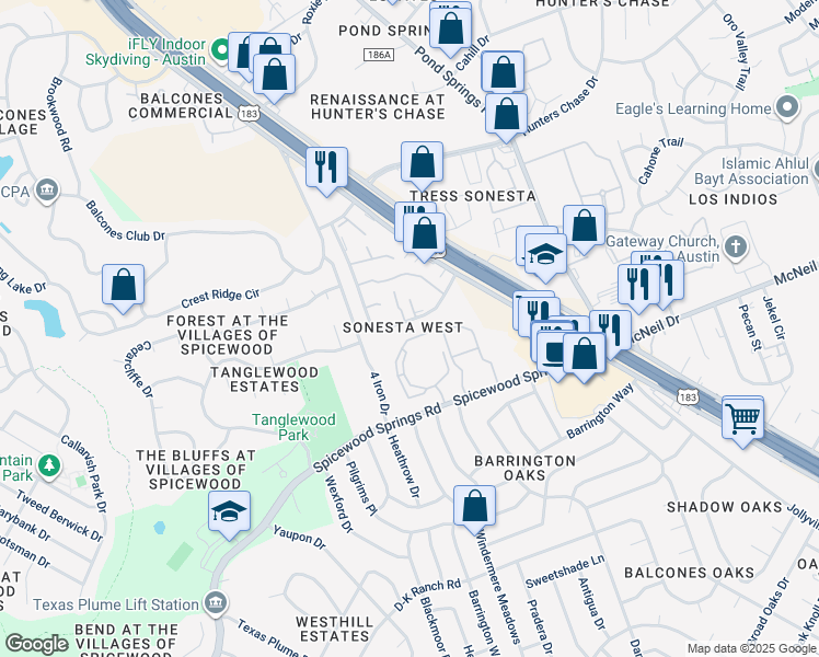 map of restaurants, bars, coffee shops, grocery stores, and more near 8335 Fathom Circle in Austin
