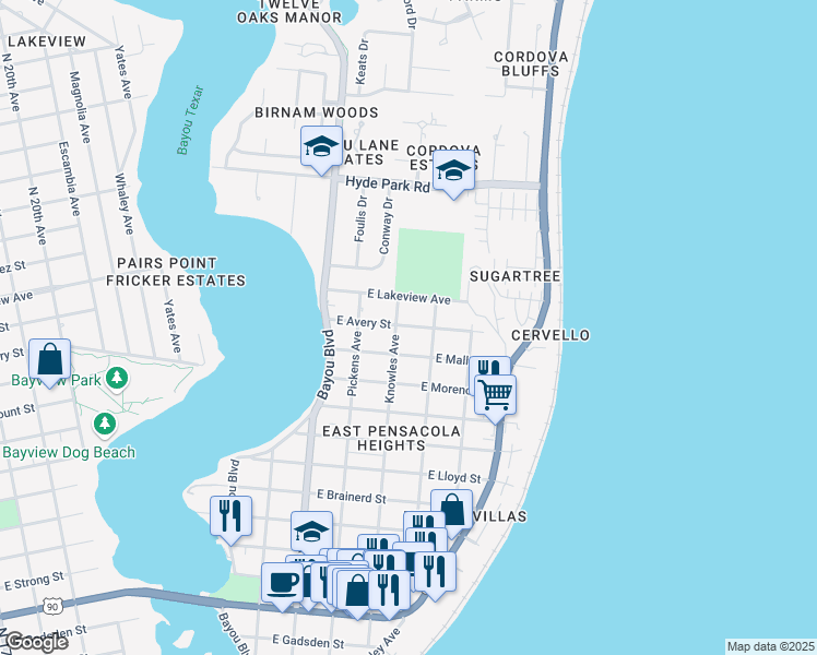 map of restaurants, bars, coffee shops, grocery stores, and more near 3103 East Avery Street in Pensacola