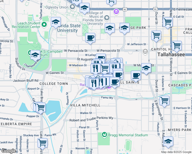 map of restaurants, bars, coffee shops, grocery stores, and more near 699 West Gaines Street in Tallahassee
