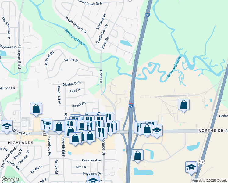 map of restaurants, bars, coffee shops, grocery stores, and more near 11011 Harts Road in Jacksonville