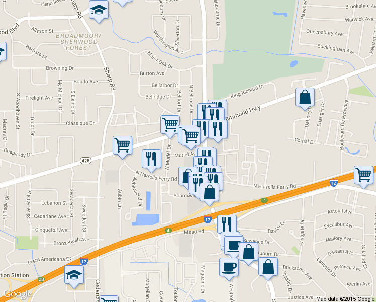 map of restaurants, bars, coffee shops, grocery stores, and more near 11197 Muriel Ave in Baton Rouge