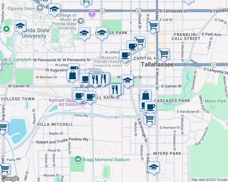 map of restaurants, bars, coffee shops, grocery stores, and more near 810 South Martin Luther King Junior Boulevard in Tallahassee