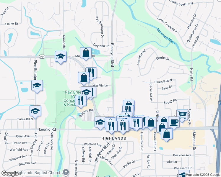 map of restaurants, bars, coffee shops, grocery stores, and more near 10964 Biscayne Boulevard in Jacksonville