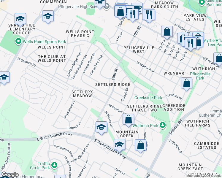 map of restaurants, bars, coffee shops, grocery stores, and more near 803 Canyon Bend Road in Pflugerville