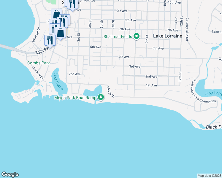 map of restaurants, bars, coffee shops, grocery stores, and more near 38 Meigs Drive in Shalimar