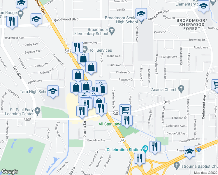 map of restaurants, bars, coffee shops, grocery stores, and more near 1820 Carolyn Sue Drive in Baton Rouge