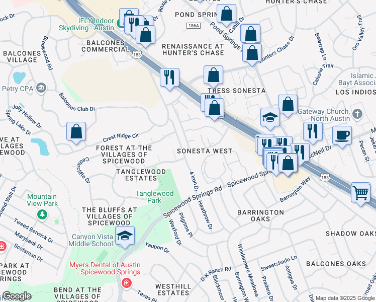 map of restaurants, bars, coffee shops, grocery stores, and more near 8413 Fathom Circle in Austin