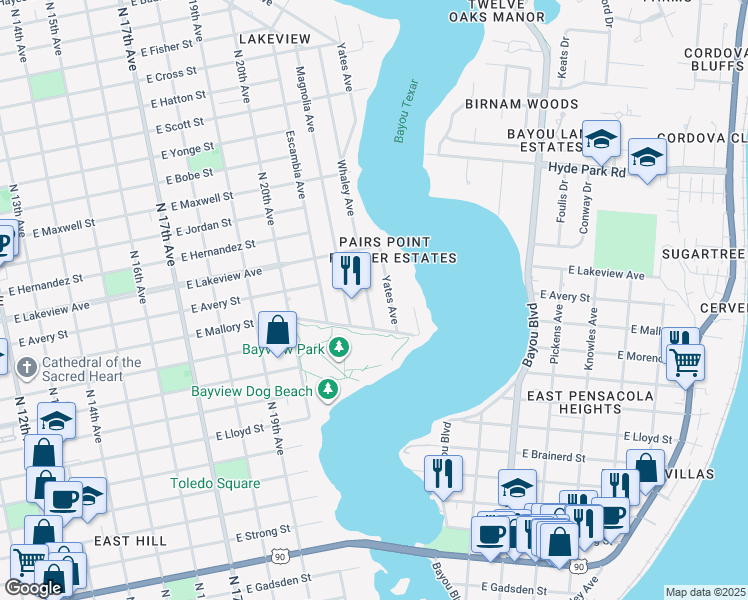 map of restaurants, bars, coffee shops, grocery stores, and more near 1718 Whaley Avenue in Pensacola