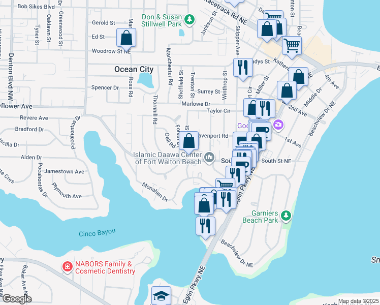 map of restaurants, bars, coffee shops, grocery stores, and more near 303 Taylor Street in Fort Walton Beach