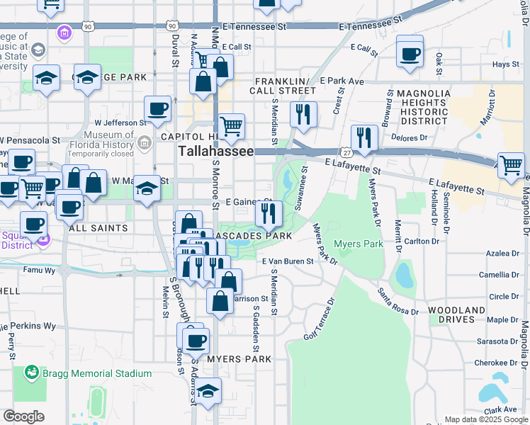 map of restaurants, bars, coffee shops, grocery stores, and more near 409 E Gaines St in Tallahassee