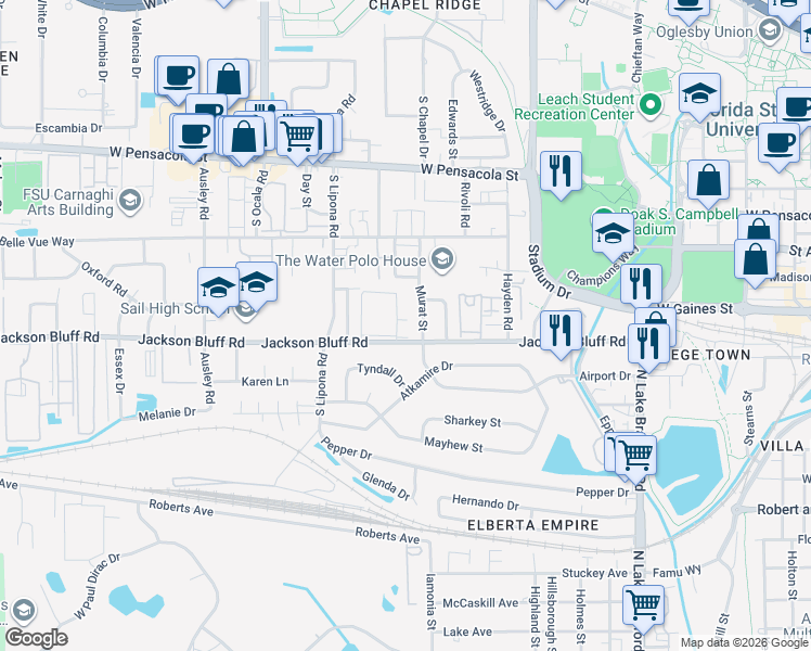 map of restaurants, bars, coffee shops, grocery stores, and more near 1832 Jackson Bluff Road in Tallahassee