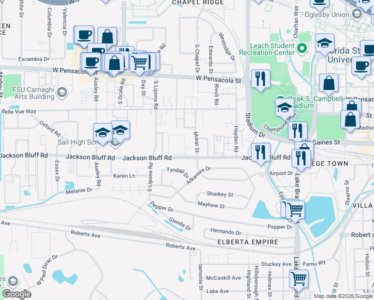 map of restaurants, bars, coffee shops, grocery stores, and more near 1808 Jackson Bluff Road in Tallahassee