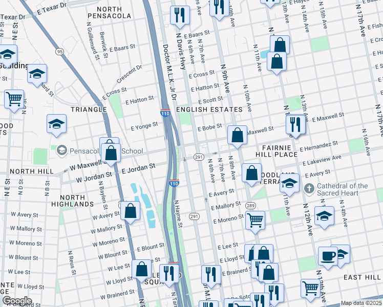 map of restaurants, bars, coffee shops, grocery stores, and more near 400 East Jordan Street in Pensacola