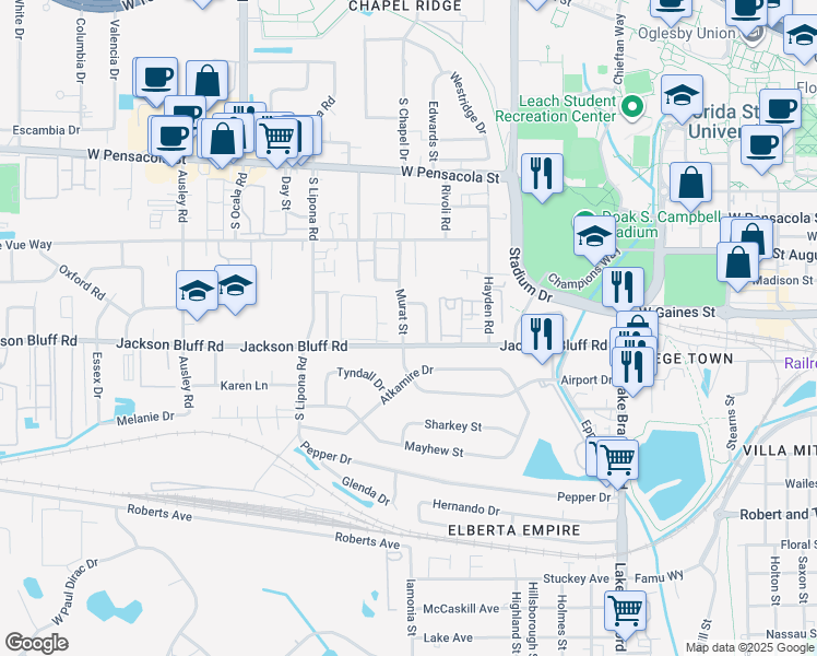 map of restaurants, bars, coffee shops, grocery stores, and more near 413 Murat Street in Tallahassee